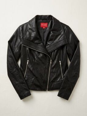 GUESS Black Vegan Leather Asymmetric Moto Jacket